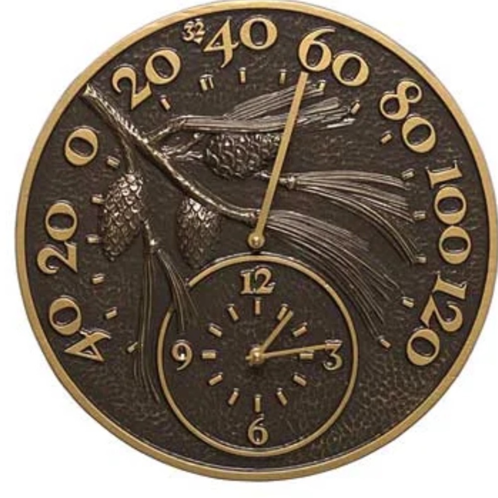 Rustic Bronze Pinecone Wall Clock and Thermometer 16”x16”